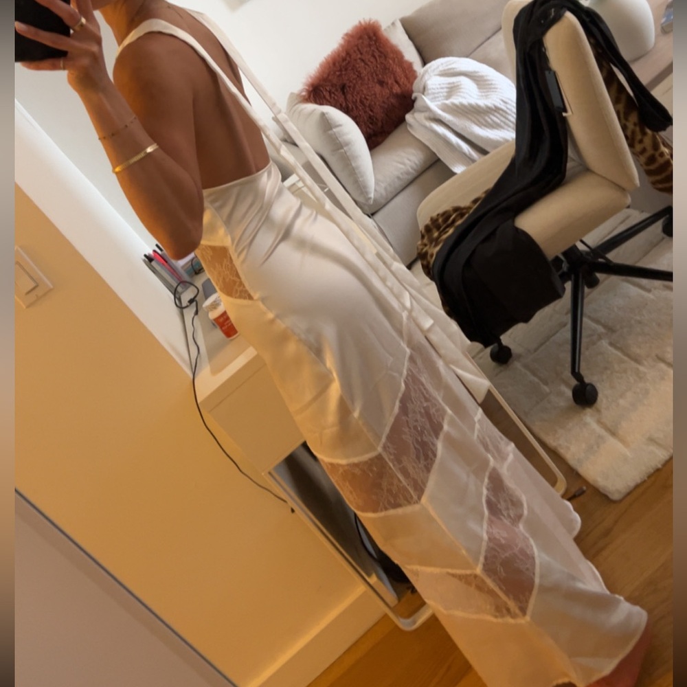 Revive Denim Long Elegant White Lace-Panel Slip Dress